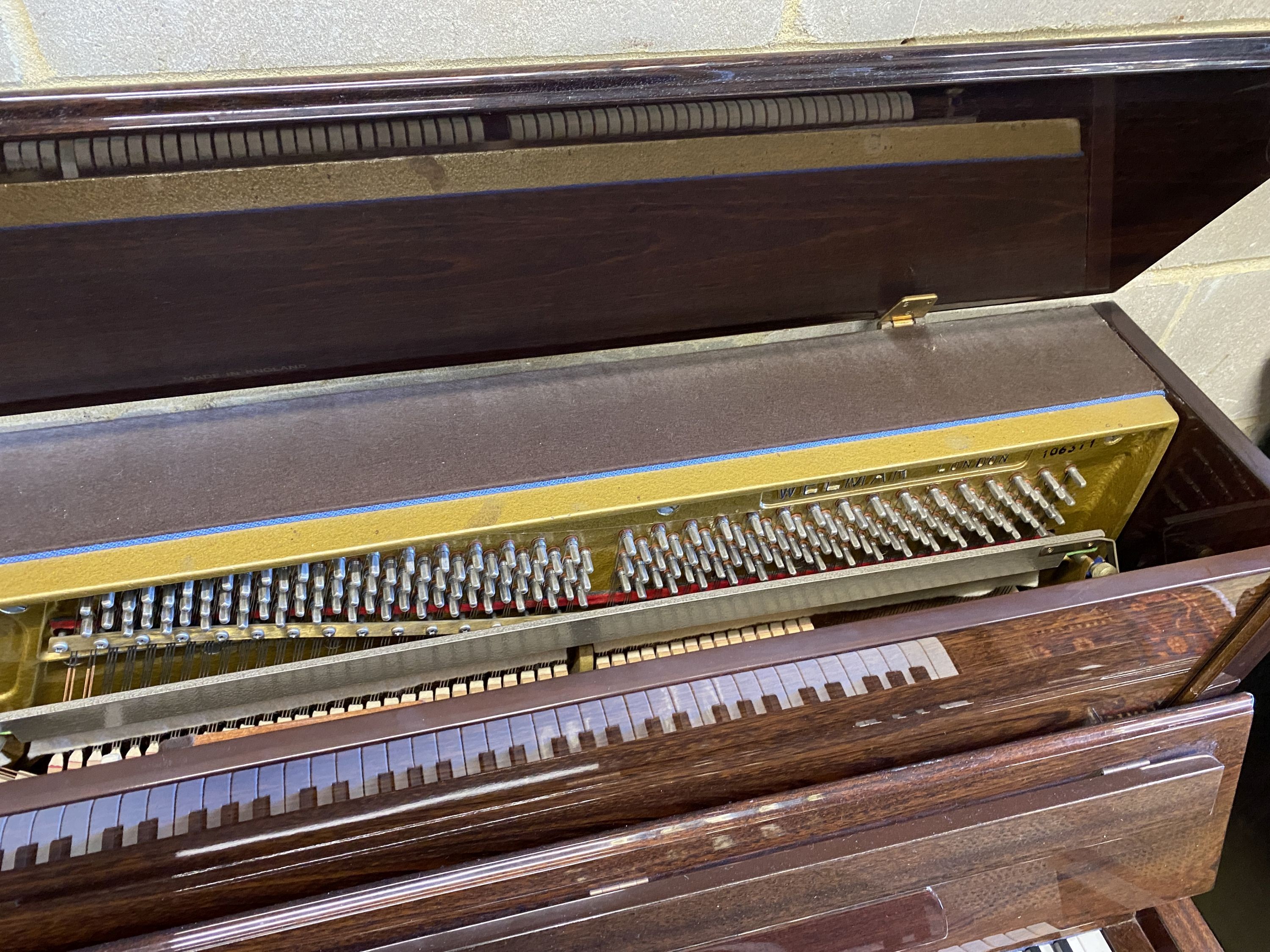 A Welmar mahogany cased upright piano and stool, circa 1986, piano - width 145cm, depth 57cm, height 117cm